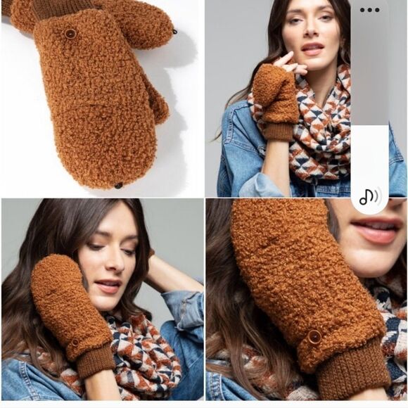 Camel popup button open soft Teddy mitten warm winter open finger mitten - Picture 2 of 2